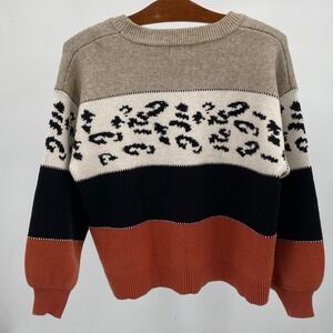 NAF NAF Paris Women's L Pullover Sweater Black Brown Color Block Leopard‎ Print